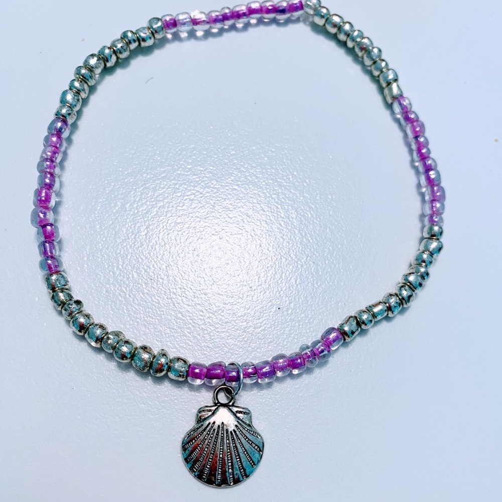 Purple and Silver Beaded Shell Bracelet